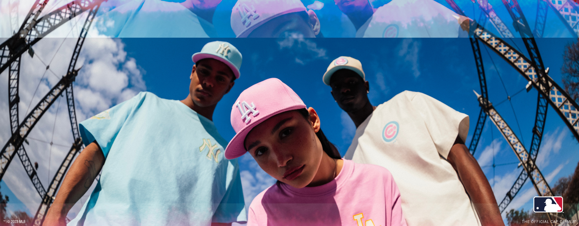 2 men and 1 woman wearing MLB apparel and caps in pastel colours.