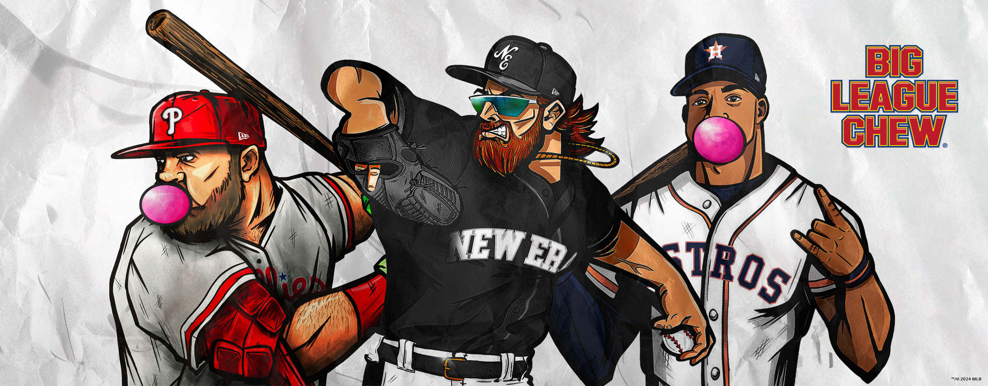 three animated players chewing big league chew and playing baseball