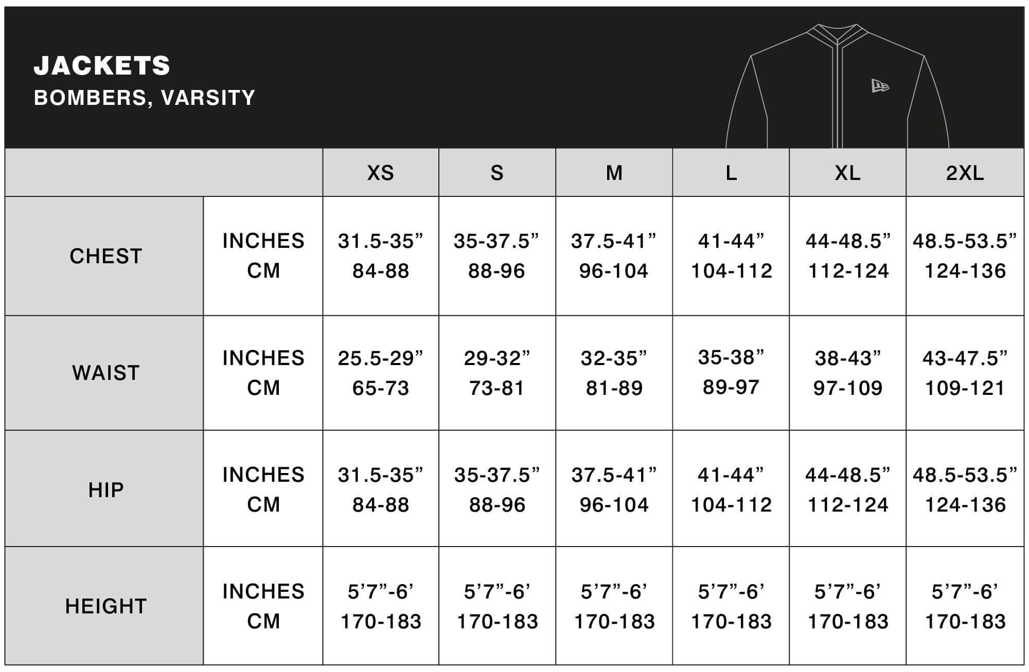 jackets size guide table for desktop