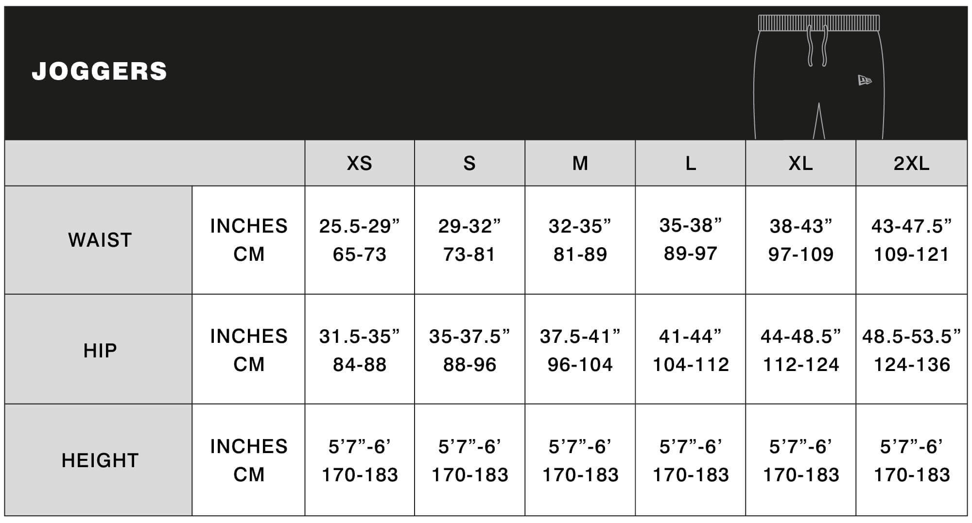 men's joggers size guide table for desktop