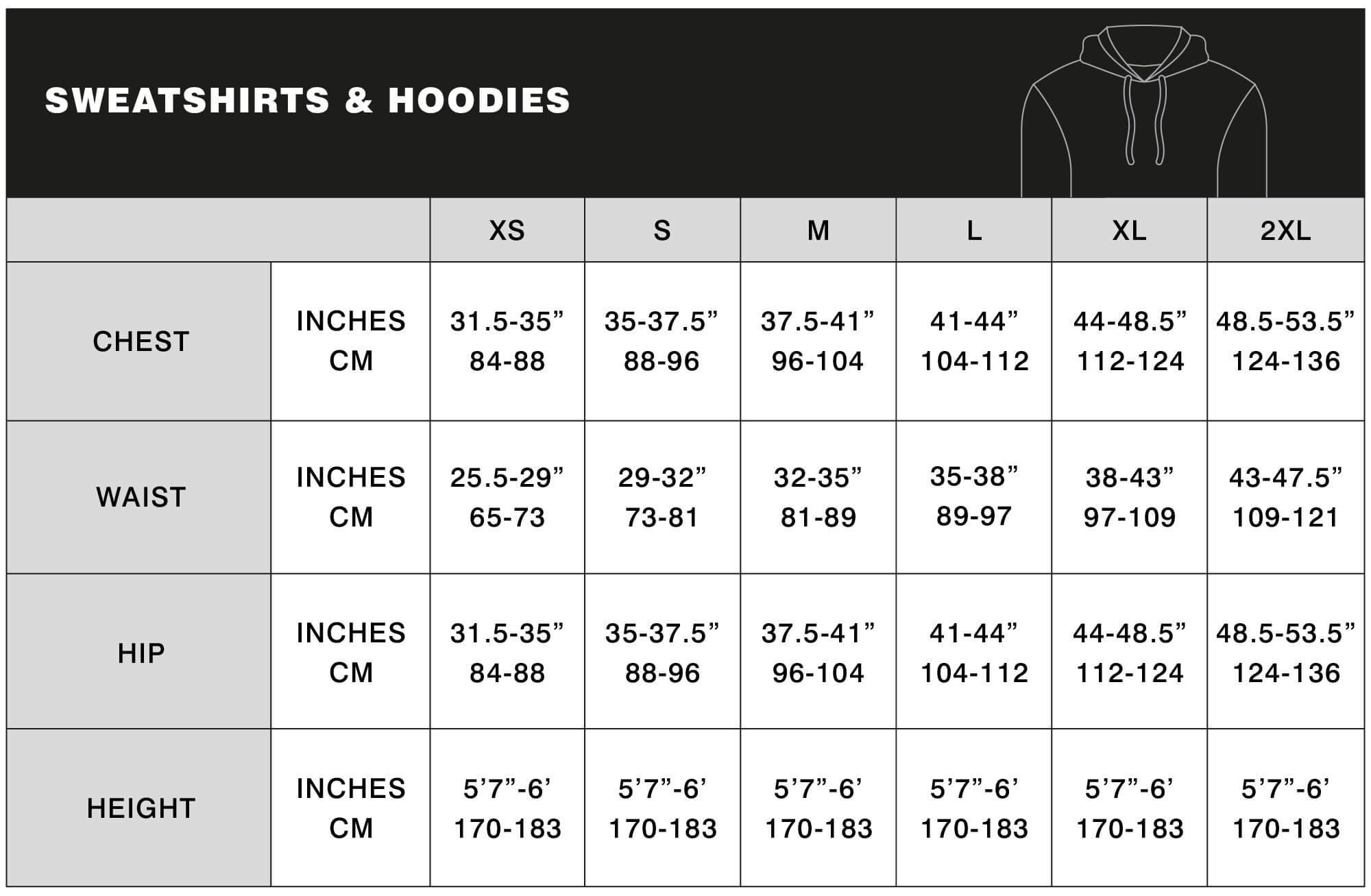 men's sweatshirts and hoodies size guide table for desktop