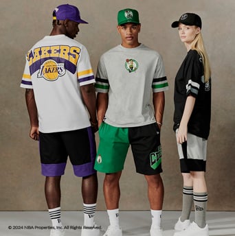 Group of people wearing NBA clothing,  including shorts, caps and t-shirts 