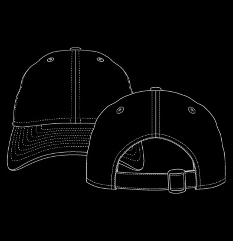 a white silhouette sketch of a strapback adjustable cap for the style guide
