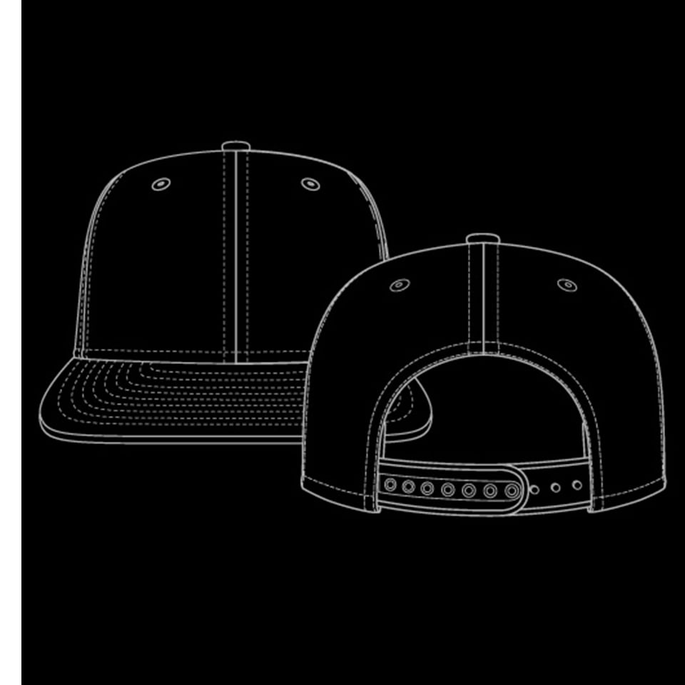 a white silhouette sketch of the front and back of a snapback cap for the style guide