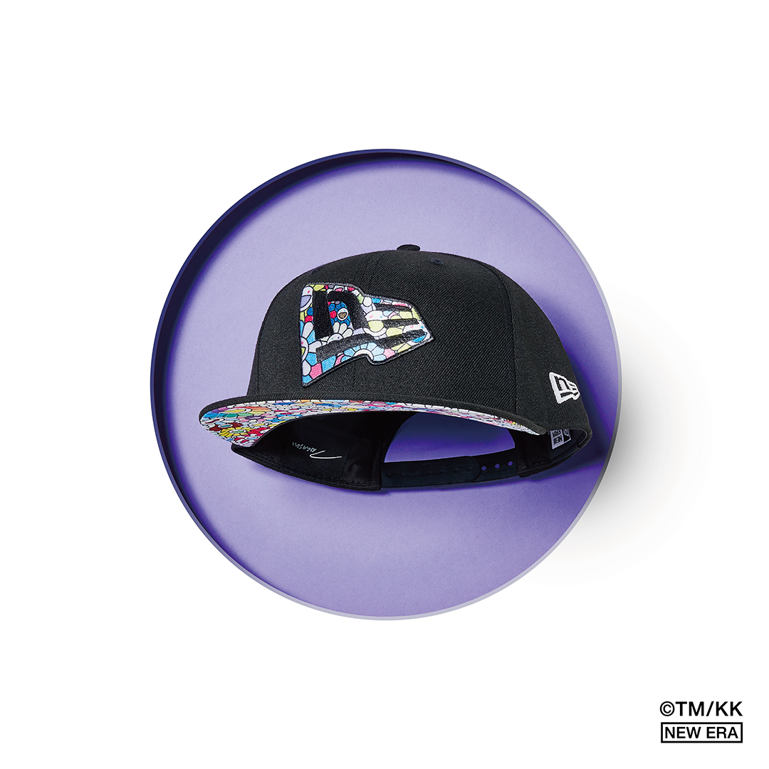 black Takashi Murakami x New Era fitted 59FIFTY cap with purple background