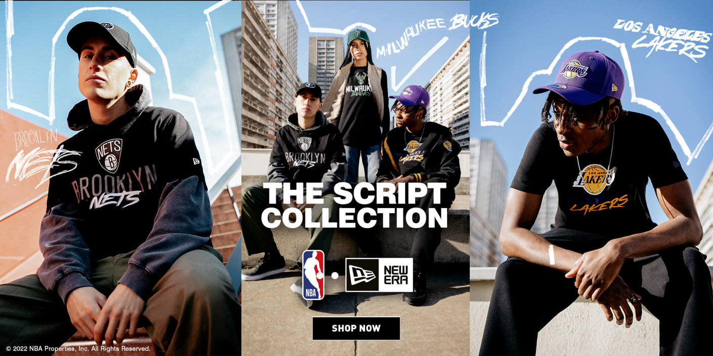 Button to shop New Era's script collection of NBA headwear, caps, hats & clothing range