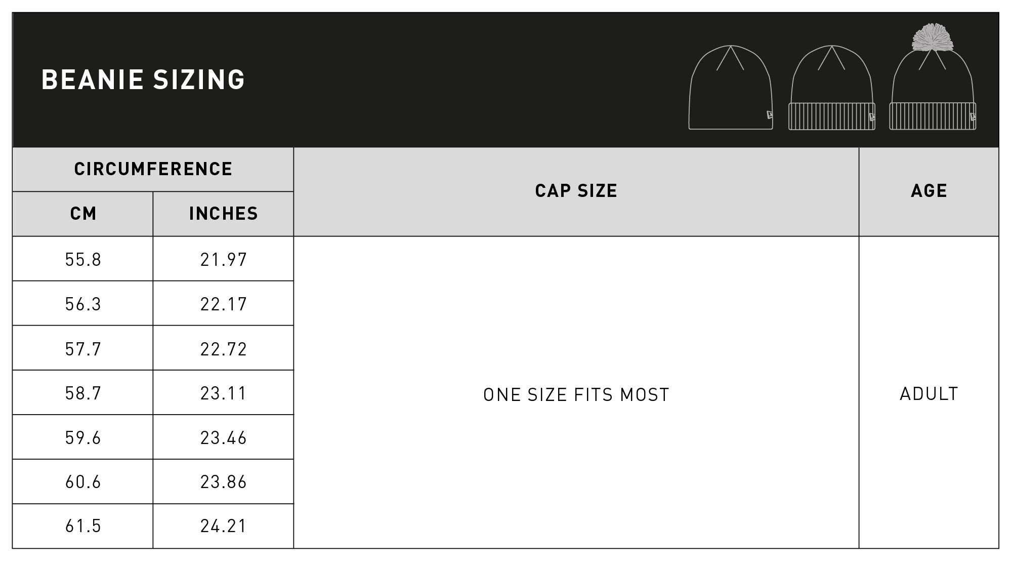 beanies size guide table for desktop