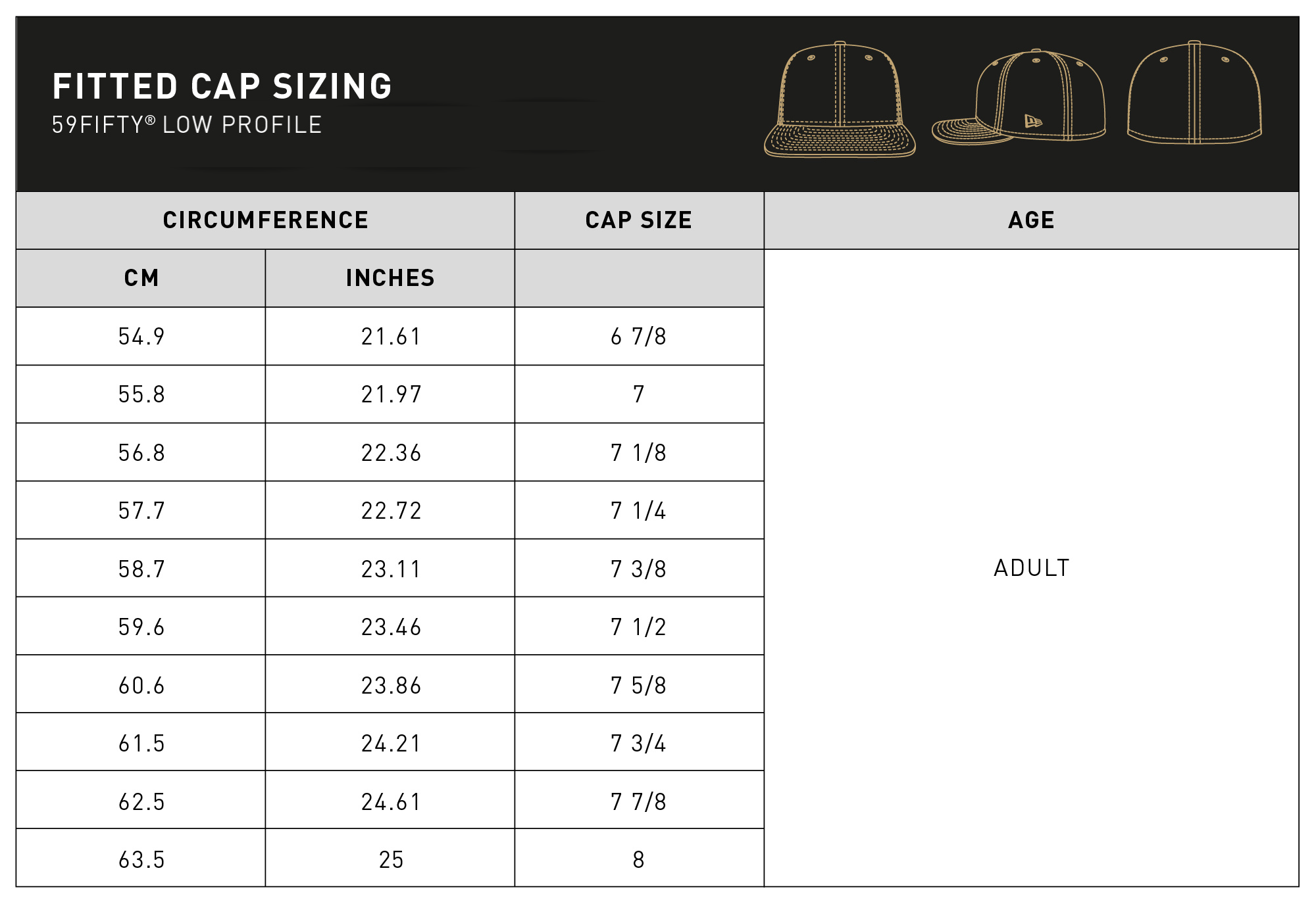 fitted 59FIFTY caps size guide table for desktop