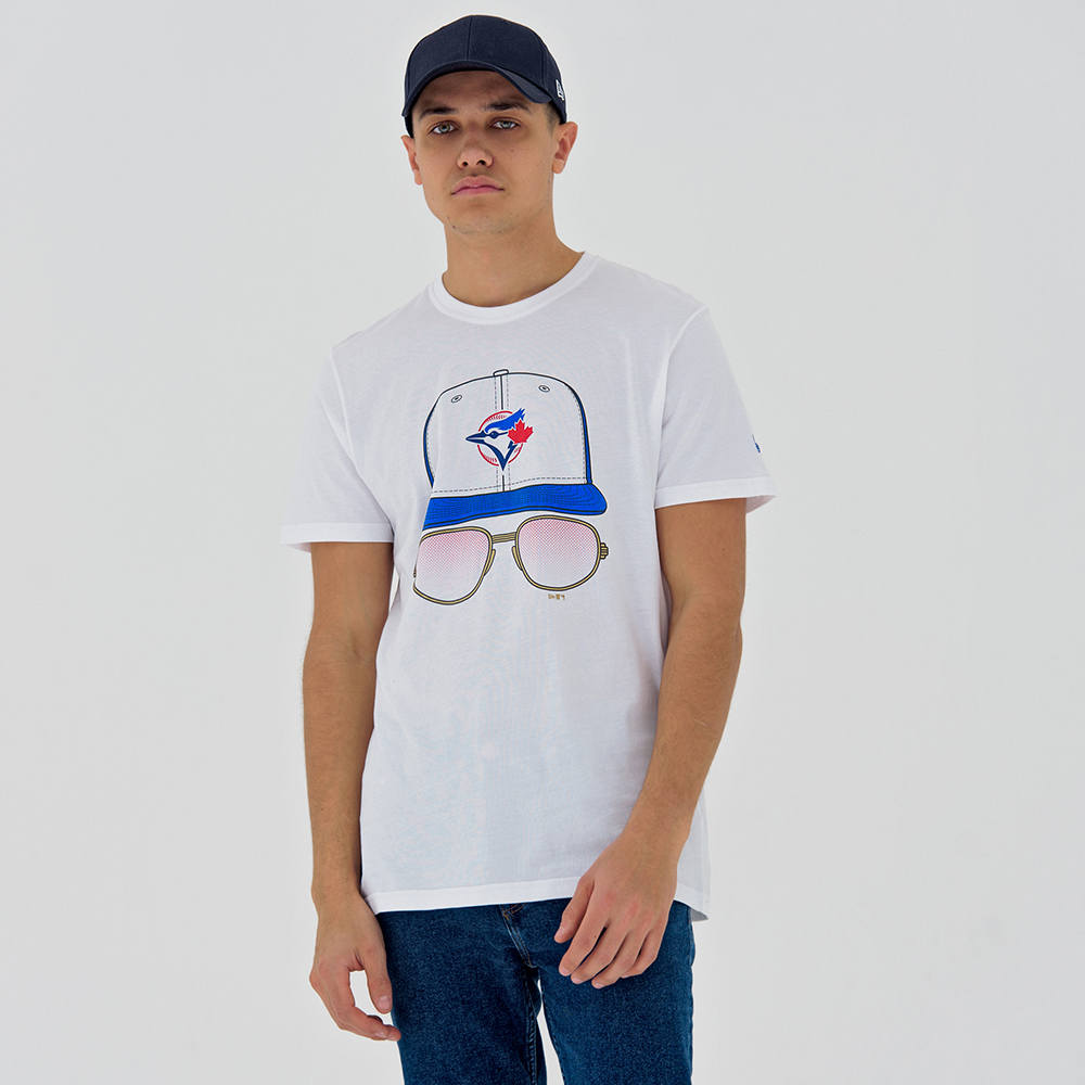 Weißes T-Shirt mit Toronto Blue Jays Kappe und Brille