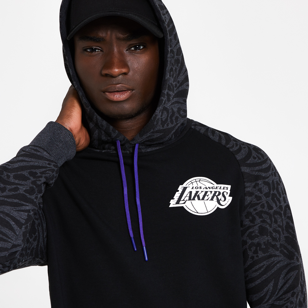 Sweat à capuche noir manches à panneaux imprimés des Los Angeles Lakers