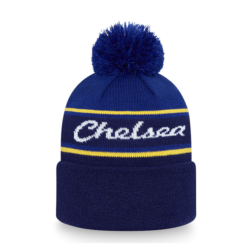 Chelsea Football Club Wordmark Stripe Blue Bobble Beanie Hat