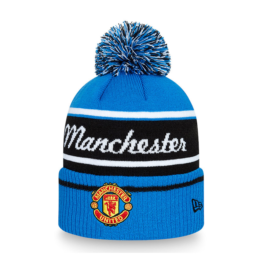 Manchester United Stripe Blue Bobble Beanie Hat