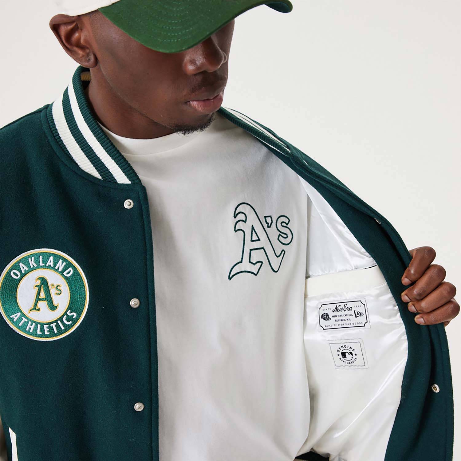 MLB Off White and Green Oakland Athletics Varsity Baseball Jacket