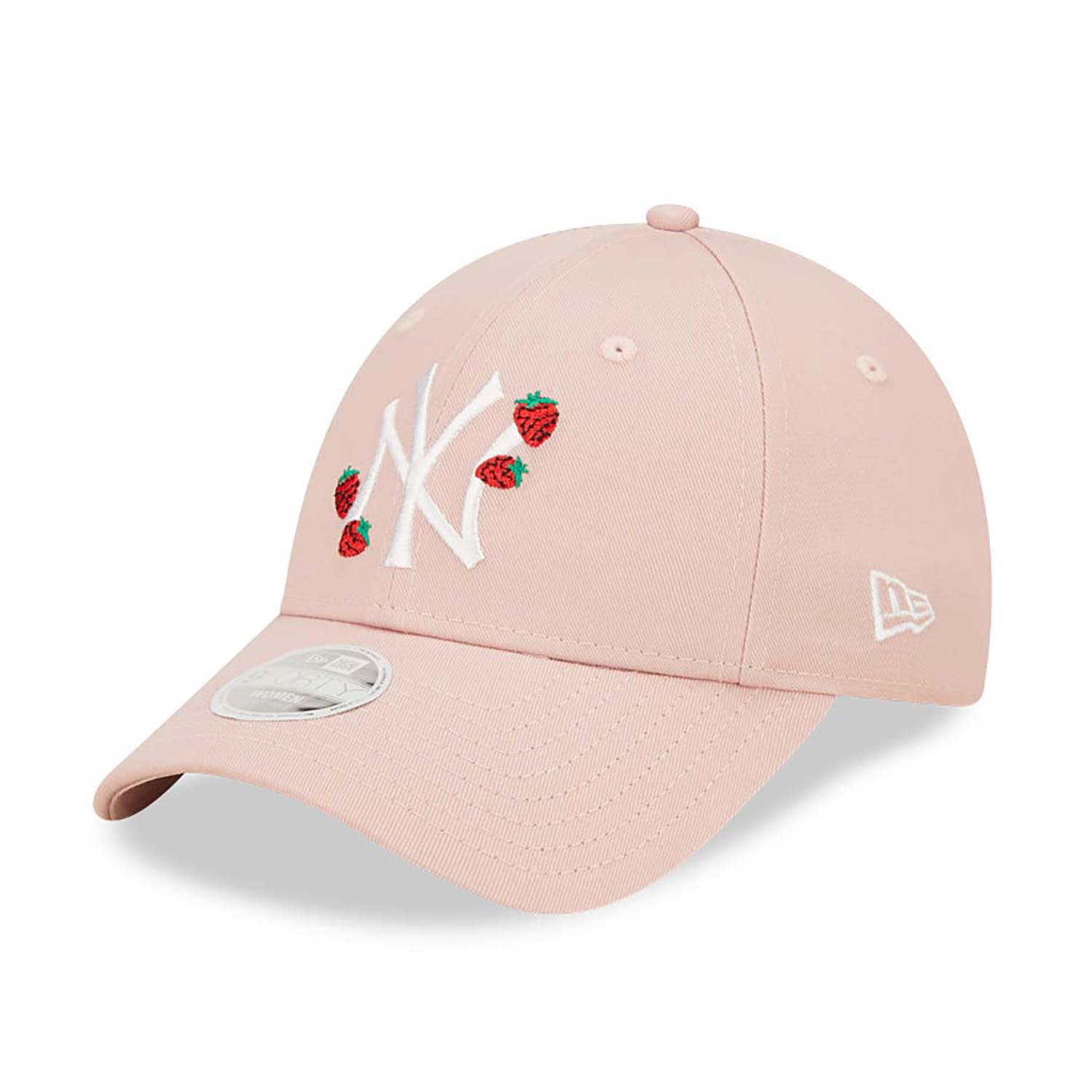 Women's pink New York Yankees baseball cap featuring a strawberry patches on the logo